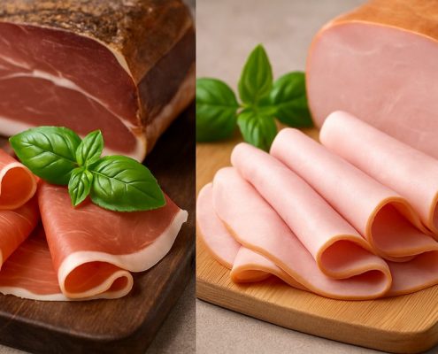 Prosciutto crudo e cotto a confronto su tagliere