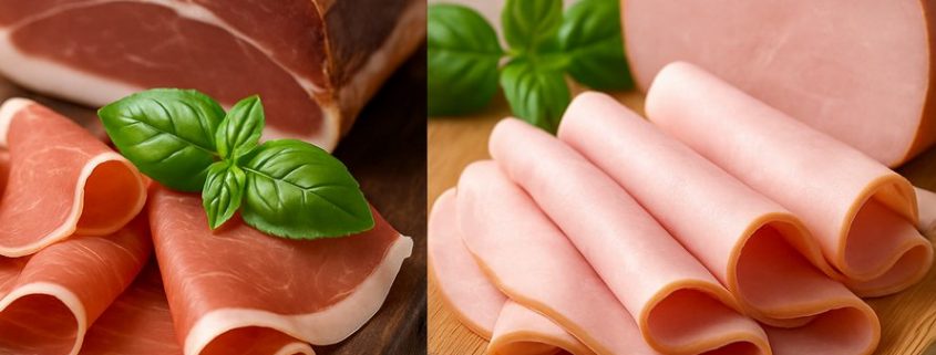 Prosciutto crudo e cotto a confronto su tagliere
