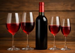 Calici di vino rosso leggero su un tavolo apparecchiato all'esterno, con piatti freschi e luce naturale