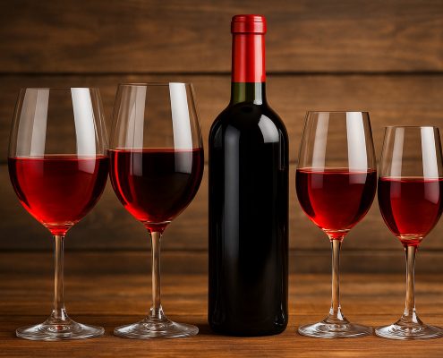 Calici di vino rosso leggero su un tavolo apparecchiato all'esterno, con piatti freschi e luce naturale