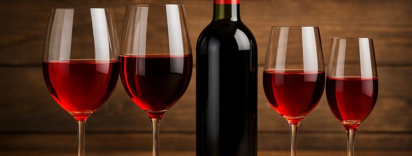 Calici di vino rosso leggero su un tavolo apparecchiato all'esterno, con piatti freschi e luce naturale