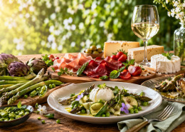 piatti primaverili ristorante con verdure fresche e formaggi