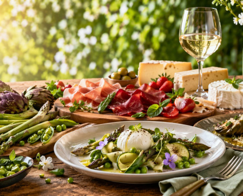 piatti primaverili ristorante con verdure fresche e formaggi