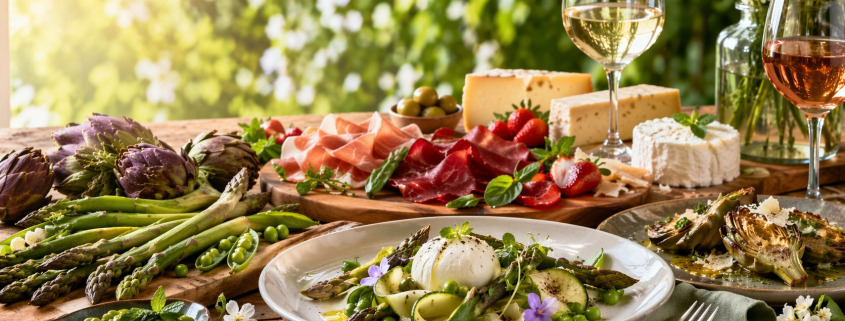 piatti primaverili ristorante con verdure fresche e formaggi