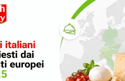 Grafica promozionale di CDA Cash & Carry dedicata ai 10 prodotti italiani più richiesti dai ristoranti europei nel 2025, con specialità alimentari italiane come pasta, formaggi, olio extravergine, salumi e pomodori.